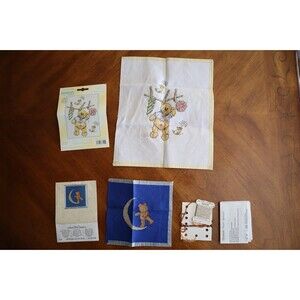 Finished Cross Stitch Baby Lot Wash Line Fun Janlynn Teddy Bear Moon Completed